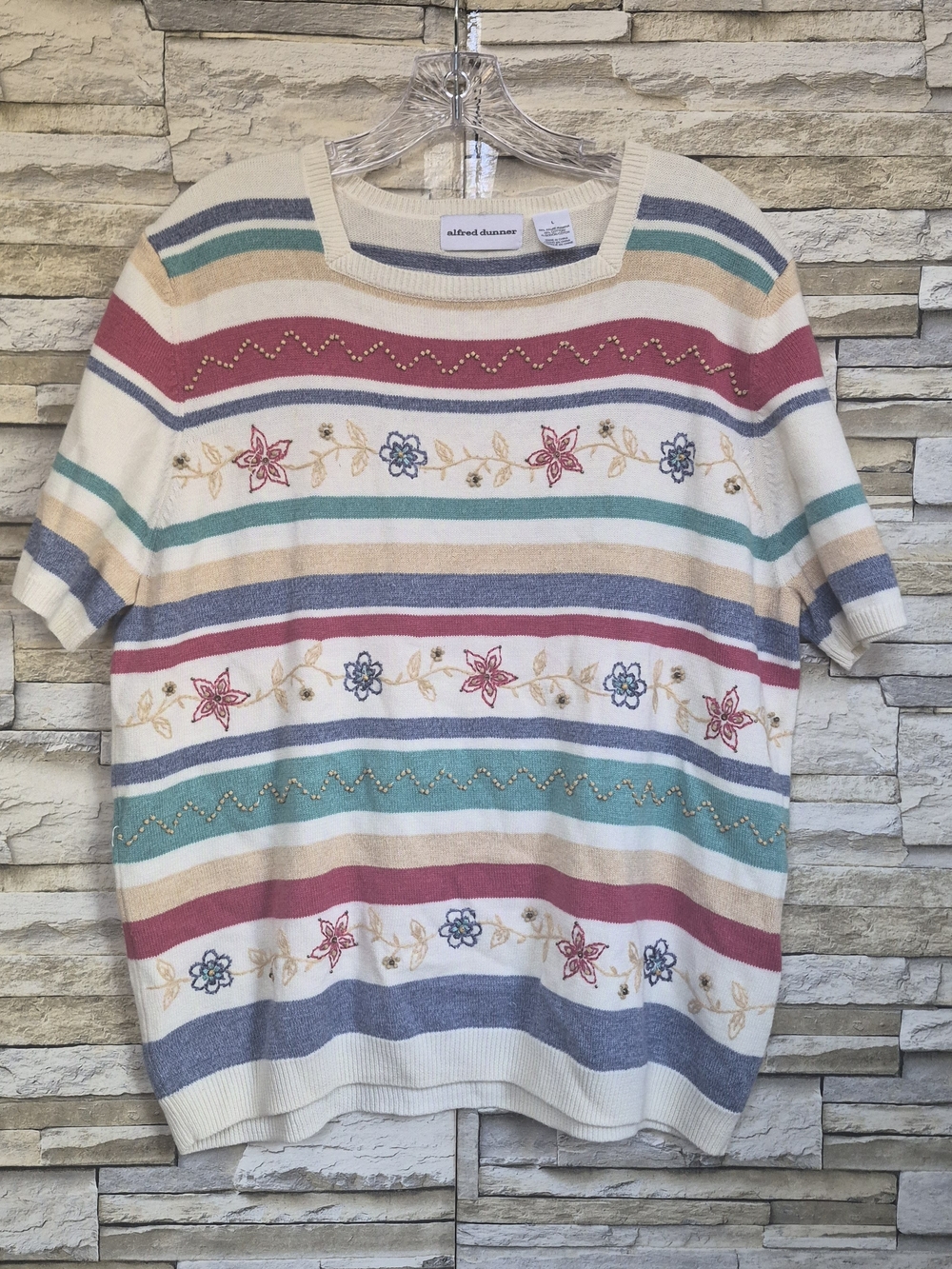 ​Alfred Dunner Sweater Women's L Ivory Multi Floral Beaded Cottagecore Feminine